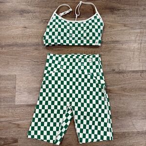 Green and White Checkered Dice Pattern Workout Set